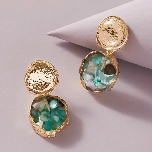 💖 Statement Gold teal green drop geometric women's earrings evening elegant - Picture 6 of 8